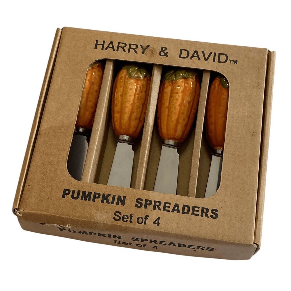 Pumpkin Harry and David Porcelain Jam Cheese Butter Spreaders Set of 4 NIB